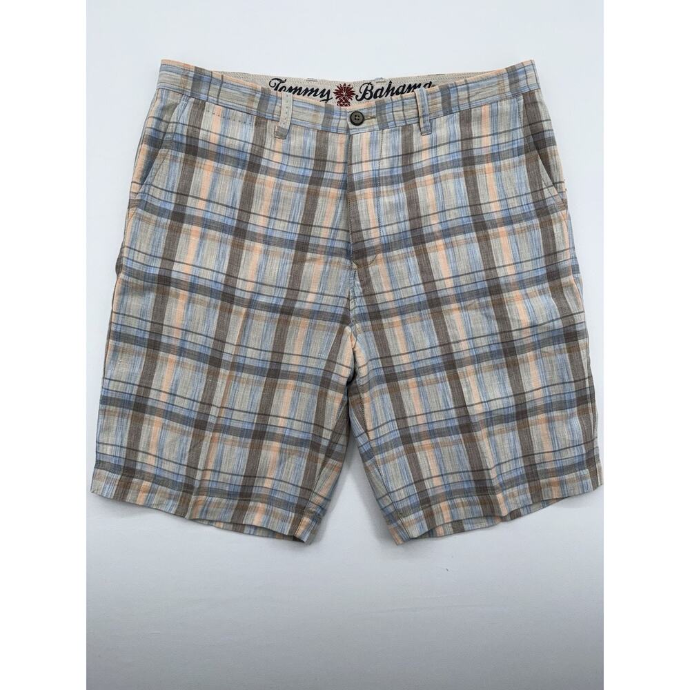 Tommy Bahama Paradise Nation Linen‎ Shorts Mens 36 Tan Plaid 10 Inch Inseam
